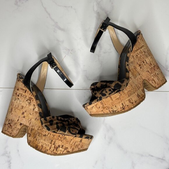 Jimmy Choo Brown Leopard Print Suede Leather Cork Platform Wedge Sandals 37 7 - Picture 1 of 9